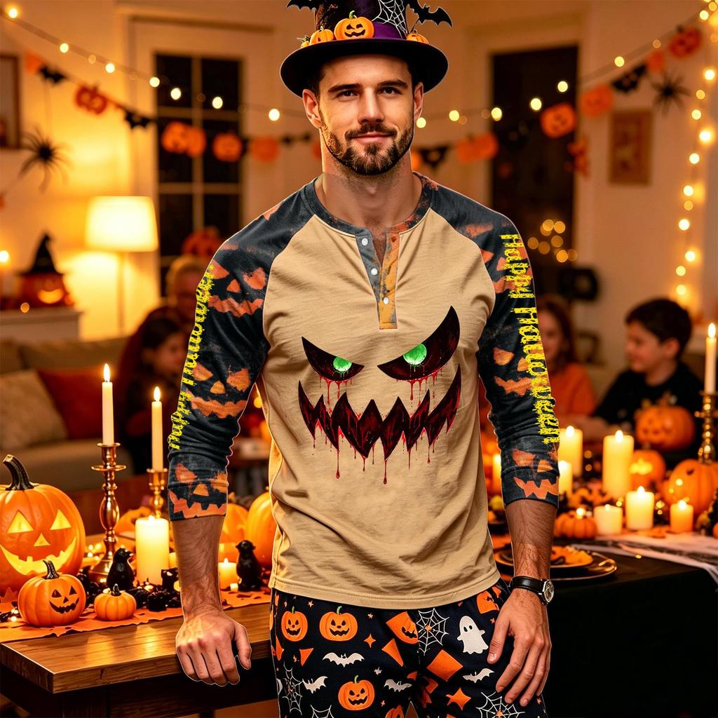 Men's Long Sleeve Shirt with Halloween Print Pattern for Casual Wear