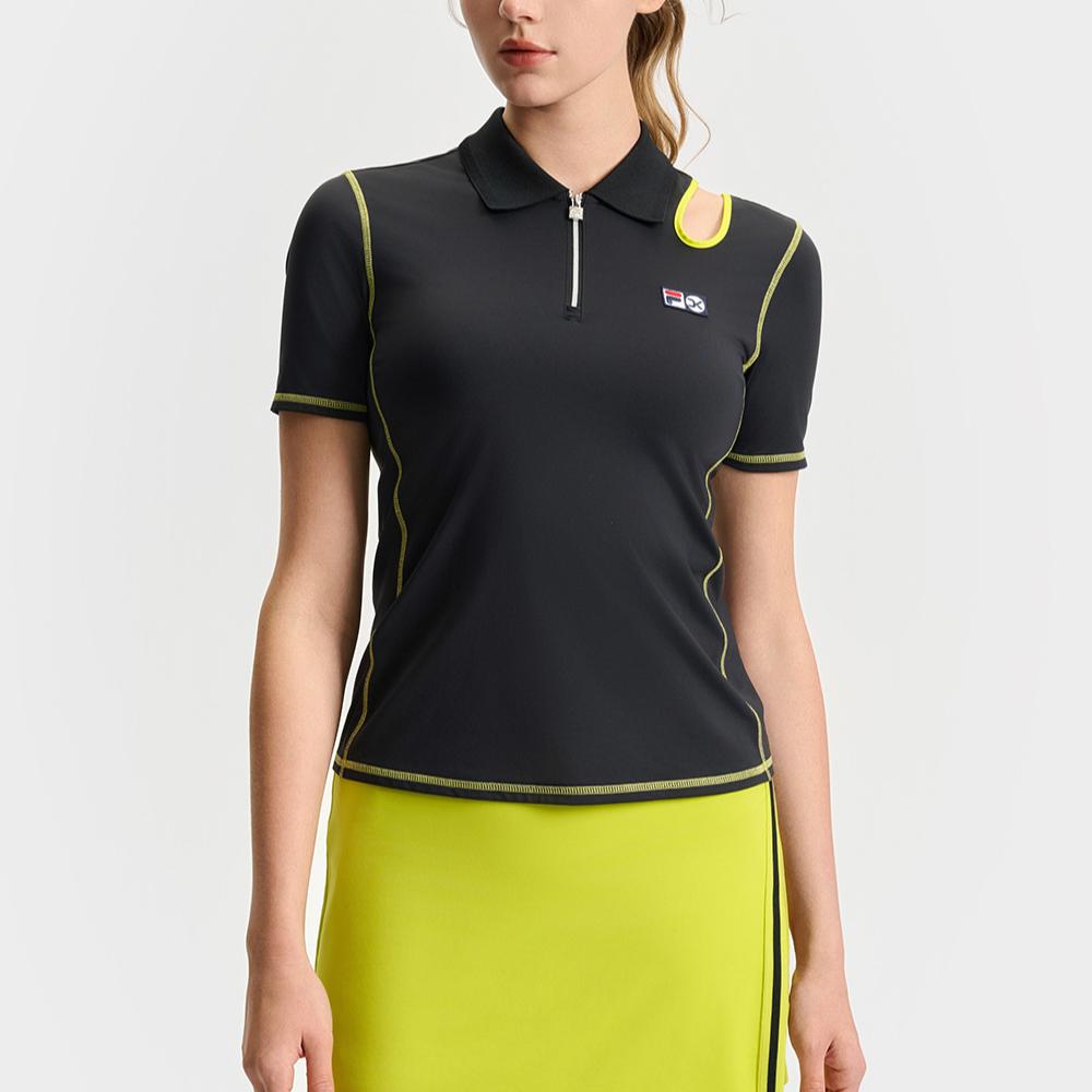 FILA Athletics Tennis Series Knitted Logo Comfortable Casual Slim Fit Tennis Polo Shirt Women tops Deep-Black A11W523117F-BK