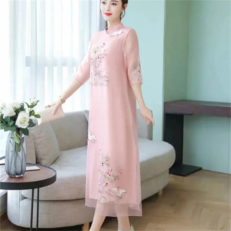 Summer Women Cheongsam Improved Dress Retro Elegant Embroidery Long Dresses Floral Party Dress Chinese Female Clothing