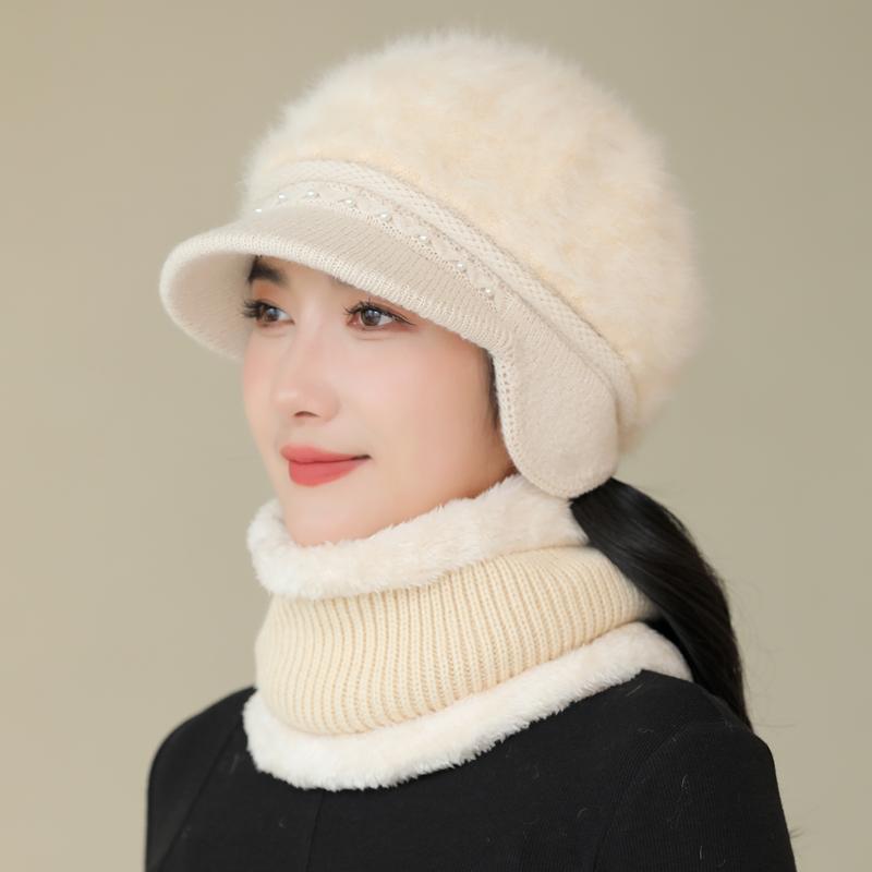 Nová dámská zimní čepice zateplená čepice a šála pletený oblek módní králičí kožešinová čepice pro ženy ležérní květinová pletená čepice
