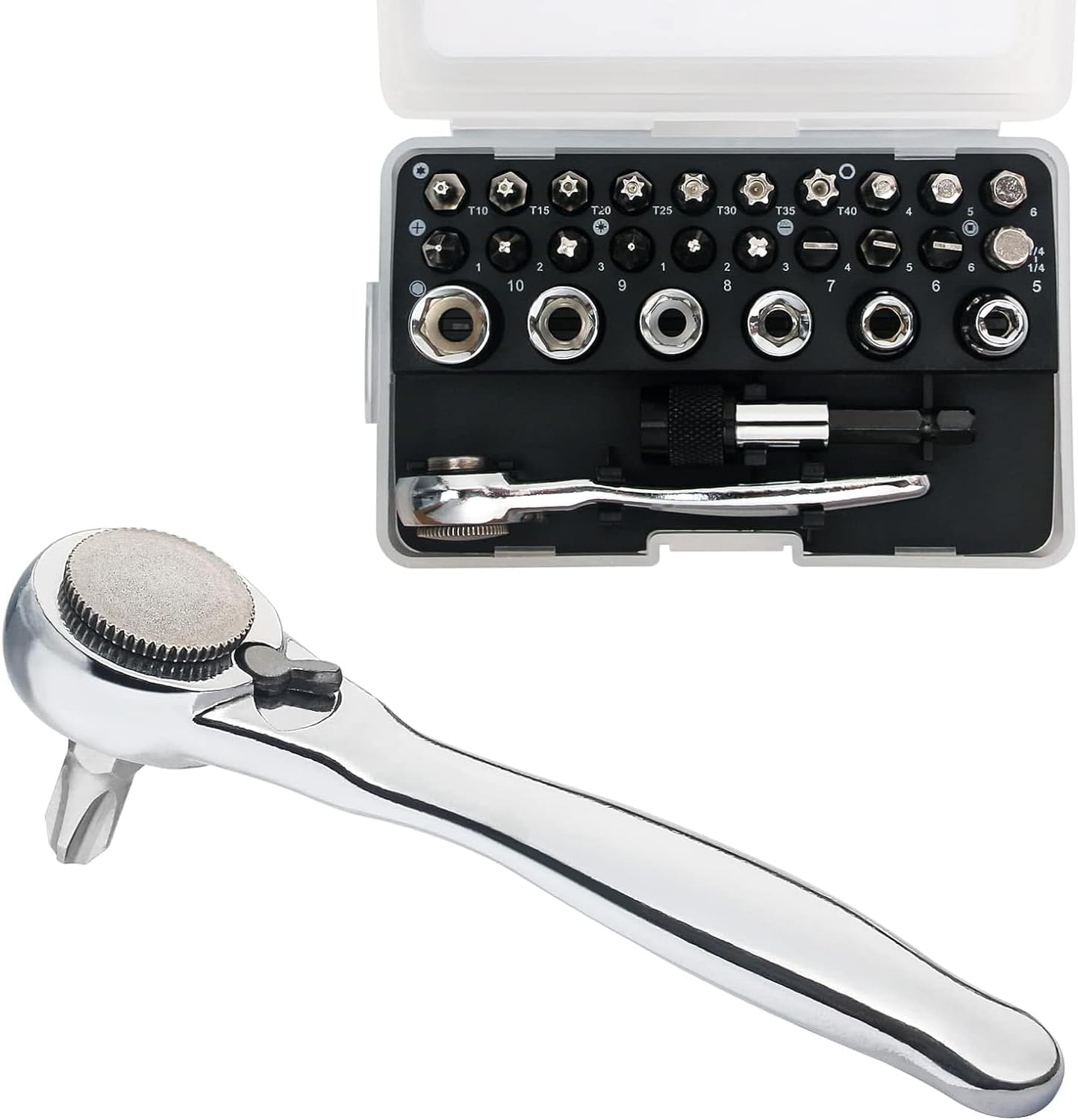 

1/4 Mini Ratchet Set 28pcs, Metric Socket & Bit, 72-Tooth Offset Screwdriver, Low Profile Ratchet for Tight Spaces