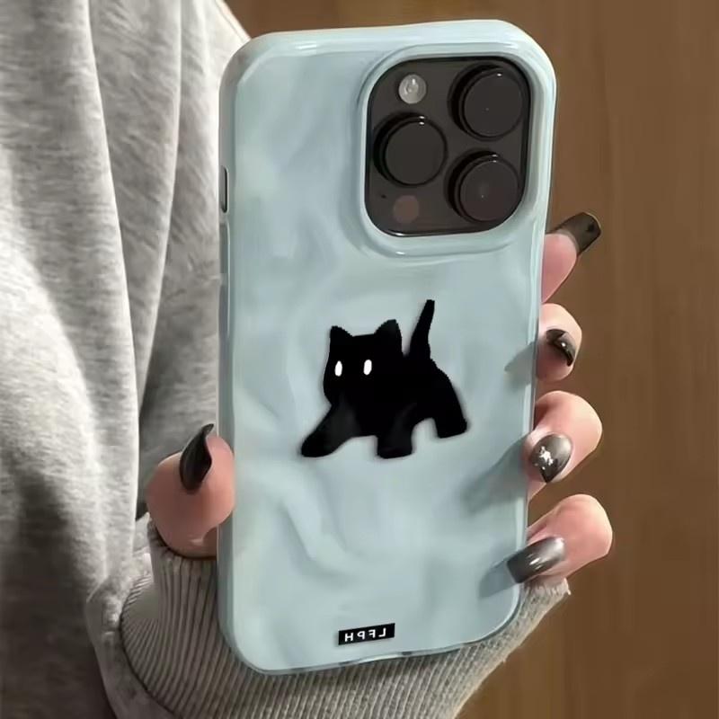 Cute Black Fuzzy Cat Shockproof Phone Case For iPhone 17Air 16 15 14 12 13 11 Pro Max Candy Color Wave Pattern Protective Cover