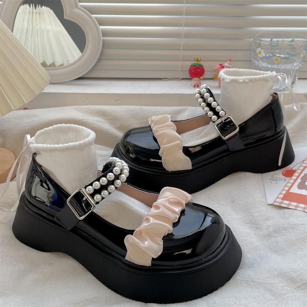 Fashion Ladies Pumps Platform Cute Women's Mary Jane Shoes Pearl Kawaii Round Toe Spring Comfortable and Elegant Non Slip Genuine Mark