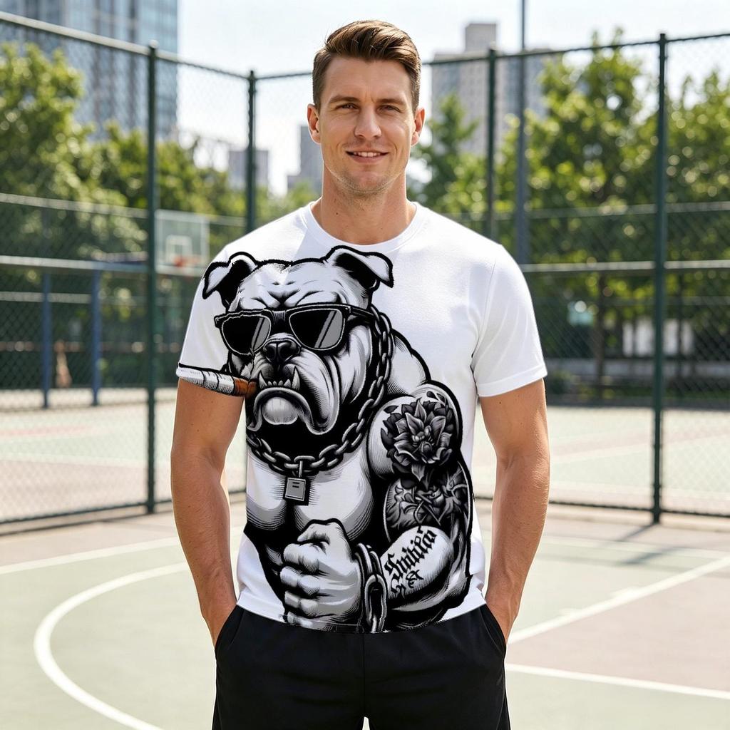 Men's Crew Neck Short Sleeve T-Shirt, Fashion 3D Cool Muscular Tattoo Bulldog With Sunglasses Cigar Graphic Casual Daily Wear Tee