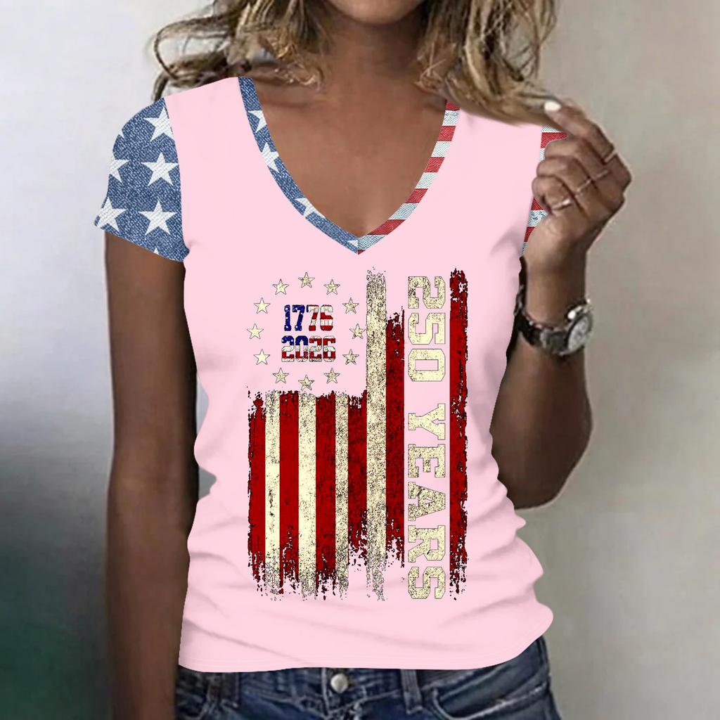 Women’s V Neck Lightweight Short Sleeve Top with Distressed Flag and 250 Years Print for Spring Summer Casual Wear