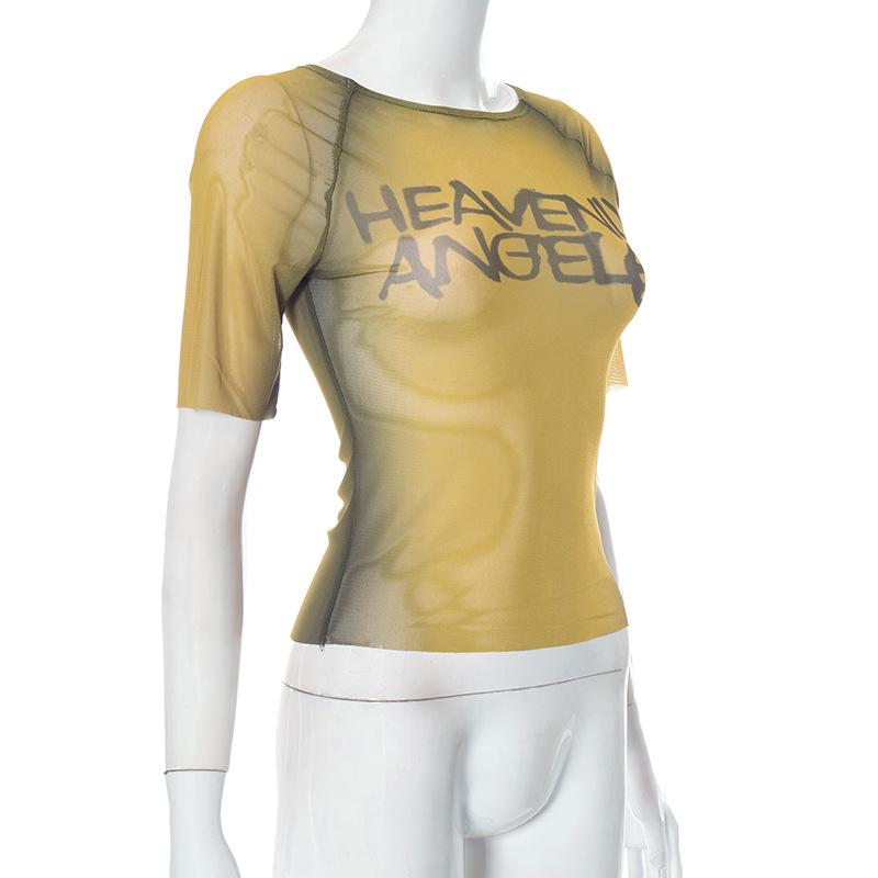 Haut Y2k à imprimé de lettres T-shirts graphiques transparents pour femmes Vêtements Manches courtes Esthétique Ropa De Mujer Moulant Sexy Streetwear