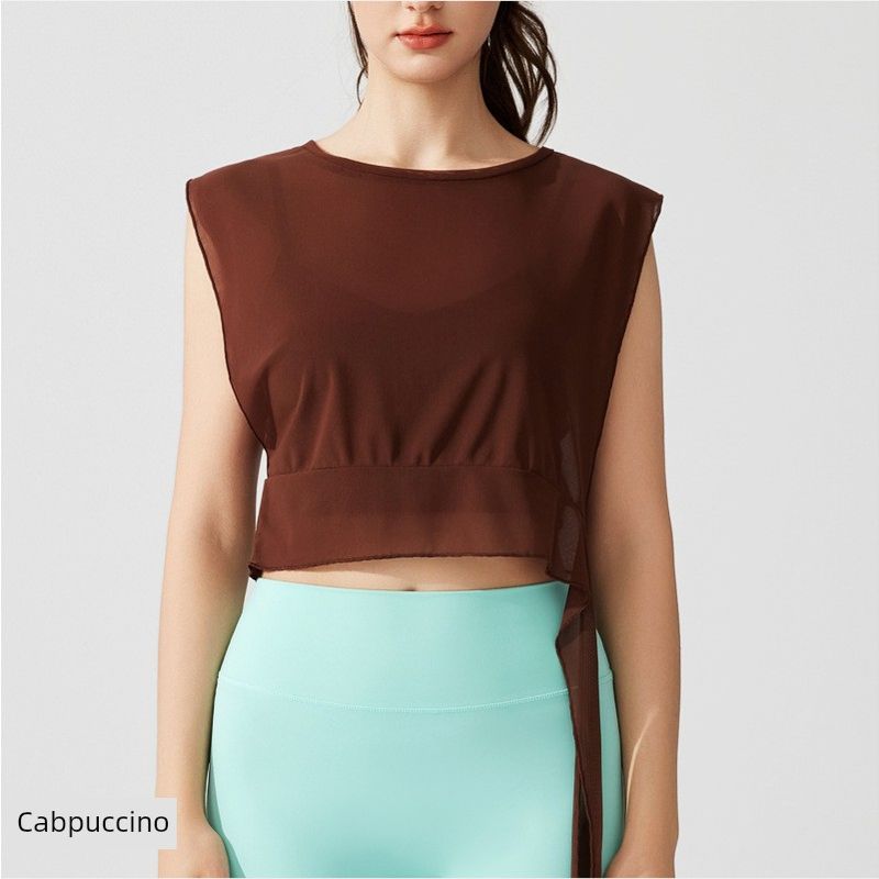 

Спортивный жилет женский летний для тренажерного зала свободный сетчатый без рукавов топ для пилатеса с открытым пупком для йоги танцев накидка верхняя одежда Cappuccino L