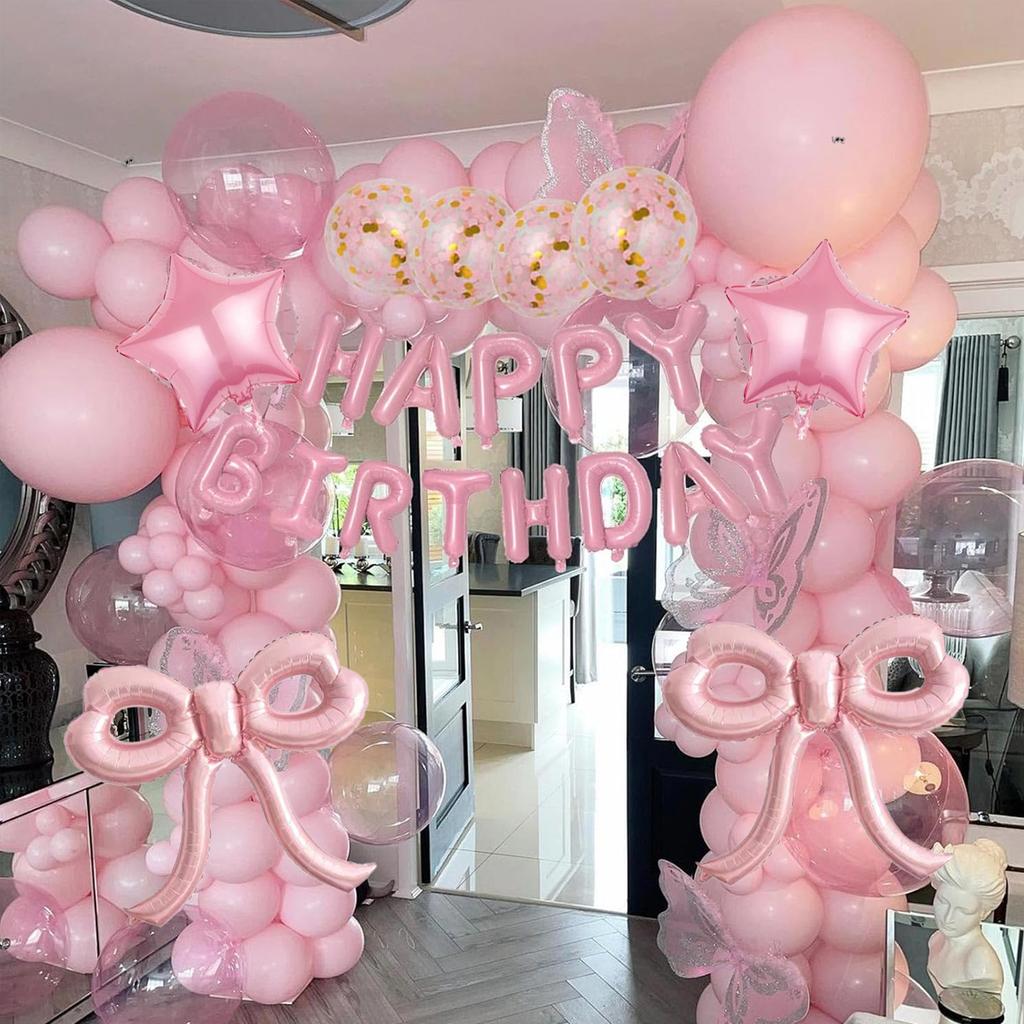 Pink Balloon Set with Bow, Birthday Letters, Colorful Confetti Balloons for Princess Tea Party, Birthday Proposal