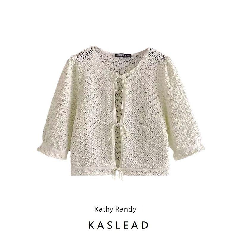 Kaslead New Arrival Women's Clothing Fashion Style Stylish Simple and Versatile Bows Shoelace Knitting Short Sleeve Jacket