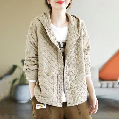 Herbst und Winter Damen literarische Retro einfarbig Kapuze gesteppt lose All-Match dünne warme Baumwolljacke