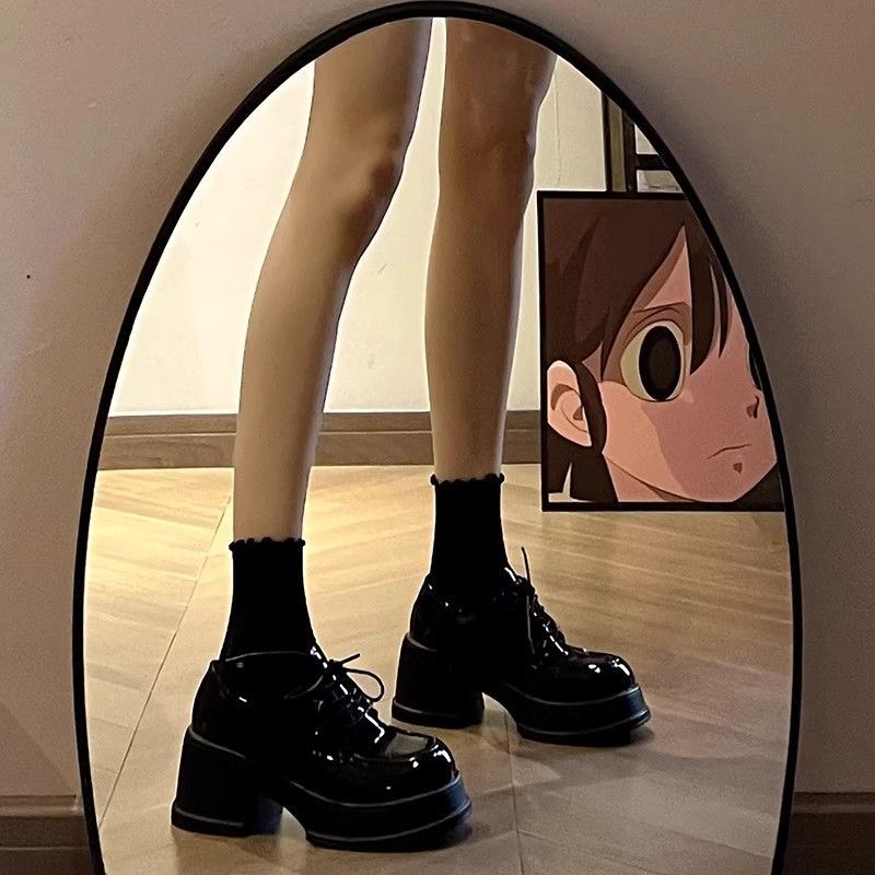 Black platform small leather shoes women's spring height increase thick heel Mary Jane shoes muffin round head versatile one-pedal shoes