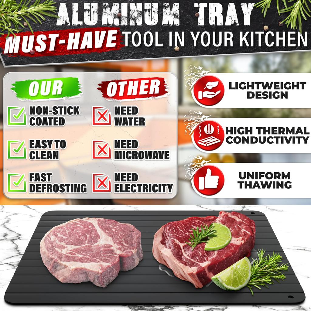 Quick Defrosting Tray for Frozen Meat Fish Vegetables Non-Electric Aluminum Thawing Non-Stick Surface High Thermal Conductivity