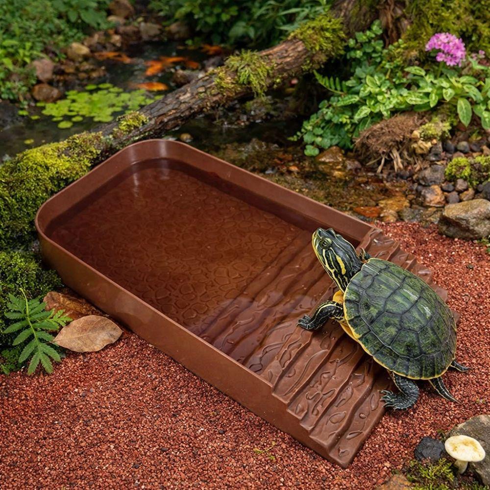 Plastic Reptile Water Dish with Ramp Square Turtle Feeding Dish Multi-functional Ladder Climbing Bathing Pool All Seasons