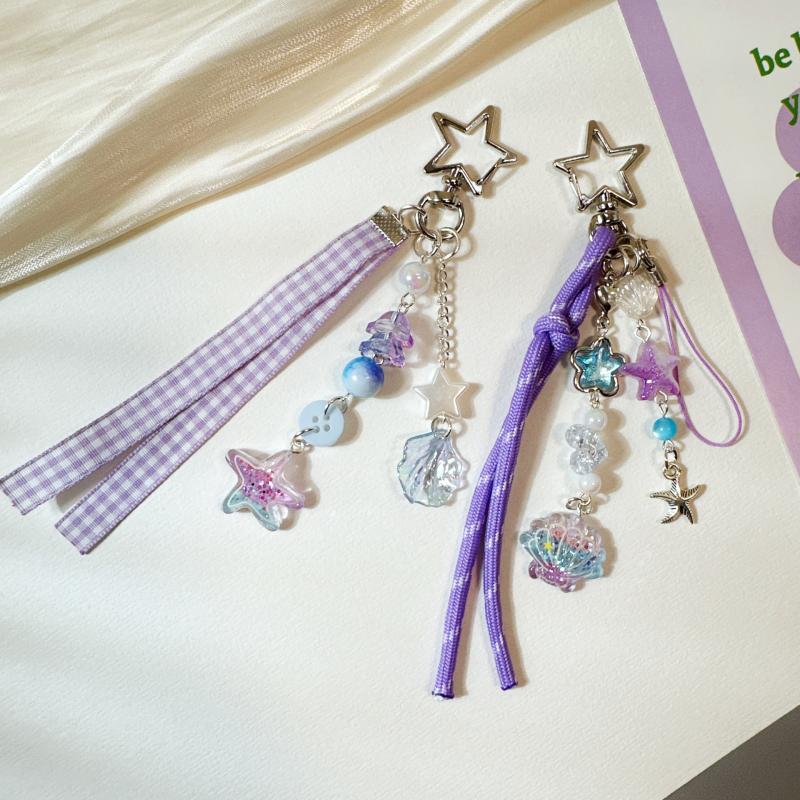 Süße Lila Muschel Stern Delfin Schlüsselanhänger Perlen Schlüsselanhänger Handy Kette Rucksack Tasche Anhänger Charme Auto Schlüssel Dekoration Zubehör