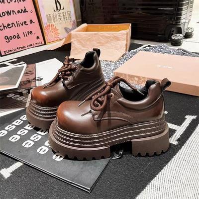 Women's 2025 Platform Loafers: British Style, Round Toe, Lace-up, Petite, Height-Increasing Derby Shoes.