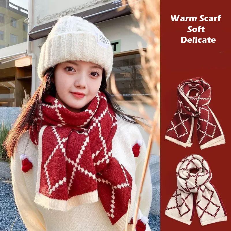 160*20 CM Festive Knit Scarf For Women - Classic Red Plaid Thermal Scarf Winter Warm Soft Unisex Gift