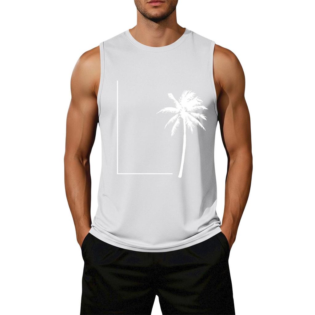 Men's Loose Fit Casual Sleeveless Tank Top Palm Tree Graphic Print Summer Muscle Shirt Lightweight Breathable