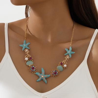 Abartılı Kadın Kolye Okyanus Temalı Denizyıldızı Mercan Kabuk Oyuk Faux İnci Rhinestone Dekor Ayarlanabilir Uzunluk Bayan Tatil Plaj Boyun Takısı