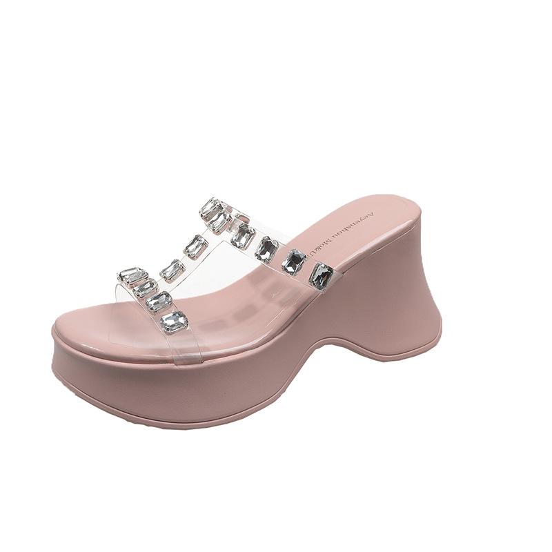 2025 Summer New Fashion Versatile Outer Wear Wedge Heel Thick Bottom Rhinestone Cool Slippers I-shaped Women's Shoes
