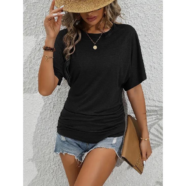 2026 Women's Casual Fashion Solid Color Pleated Round Neck Short Sleeve Slim Fit Summer T-Shirt Top