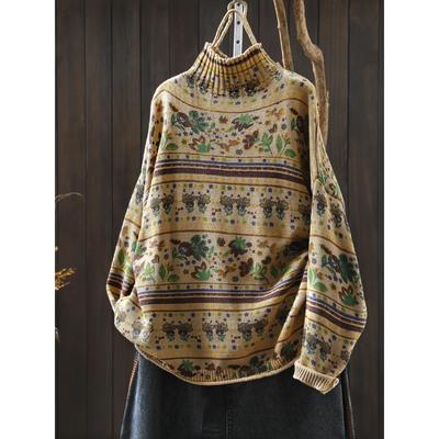 Damen Retro Gestrickter Pullover mit Print - Herbst 2025 Kollektion, Halber Rollkragen, Lockere Passform