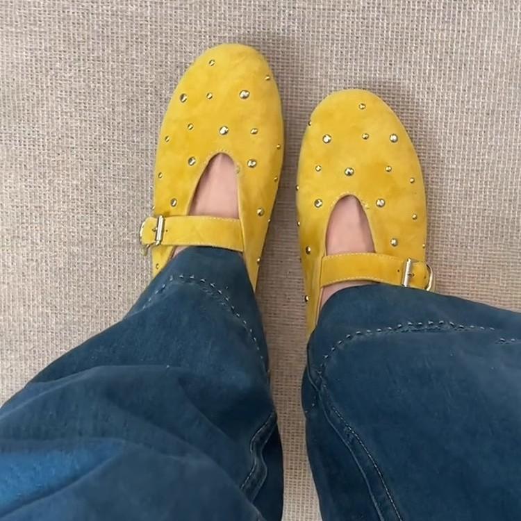 Soft leather version~ frosted leather shallow mouth small single shoes women's retro rivet round head Mary Jane shoes flat comfortable grandma shoes