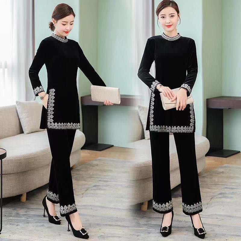 Women Gold Velvet Suit Spring Fashion Pullover Tops and Full Pants Two Piece Set Female Velvet Pants Set