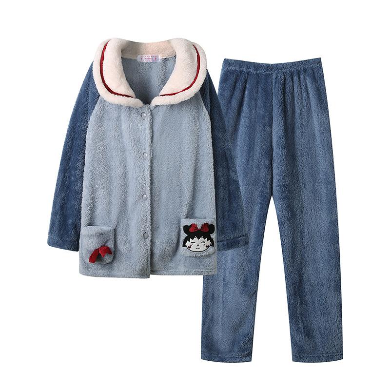 Thickened Warm Flannel Pajamas Woman Winter Student Cartoon Nightwear Long Sleeve Long Trousers Ladies Sleepwear 2PCS