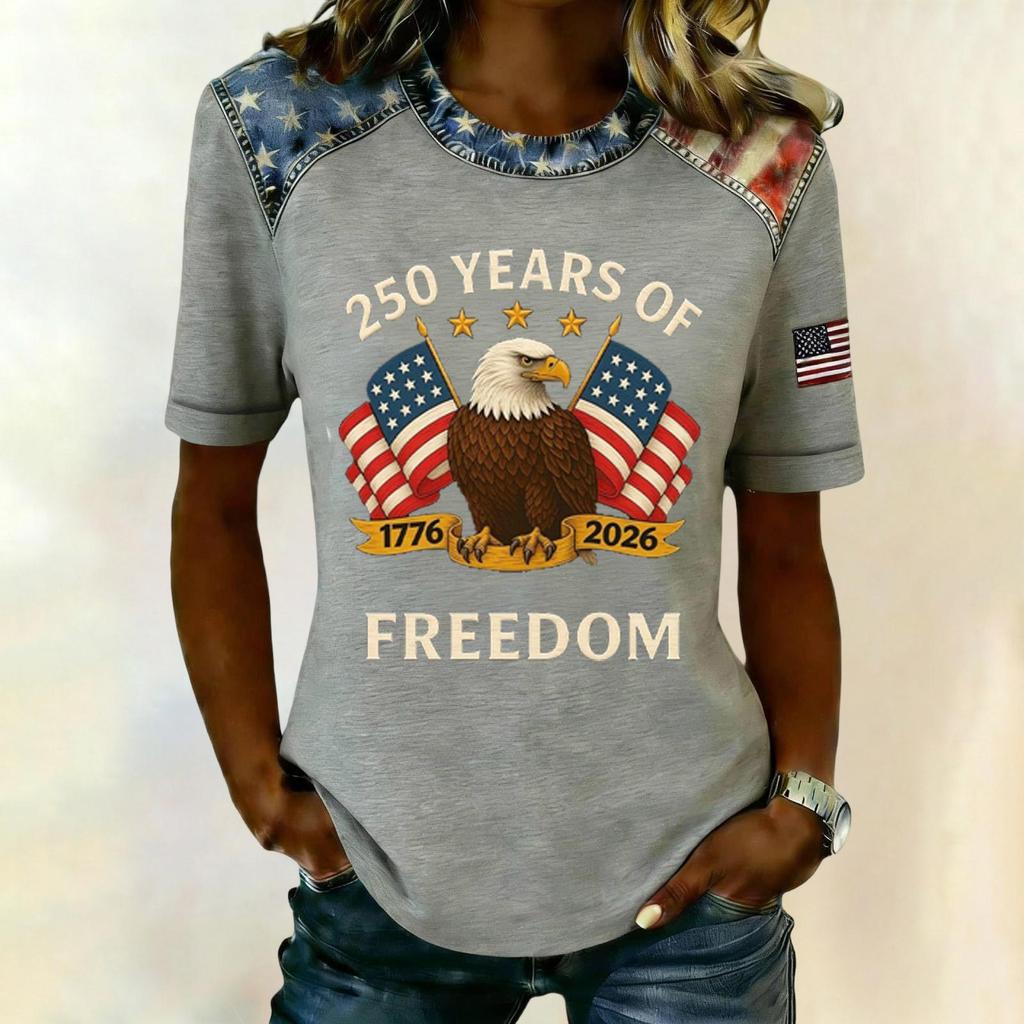 Women's Casual Short Sleeve T Shirt 250 Years of Freedom Patriotic Graphic Tee with Eagle and Flag Print Comfortable Fit