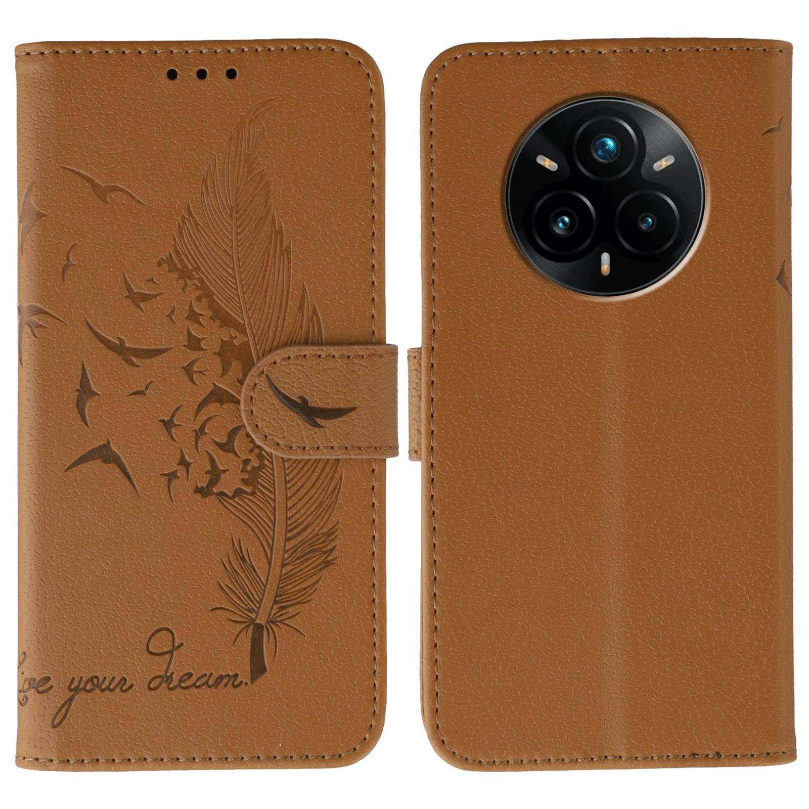 

For Realme 14 Pro+ 5G Case Feather Imprint PU Leather Wallet Phone Cover Brown