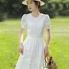 Women's Summer Round Neck Hollow Waist Temperament Long Dress Solid Color Thin Section Elegant French Dresses