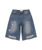 LAB101 Distressed Double Knee Tinwash Denim Bermuda Pants (Mid Blue)