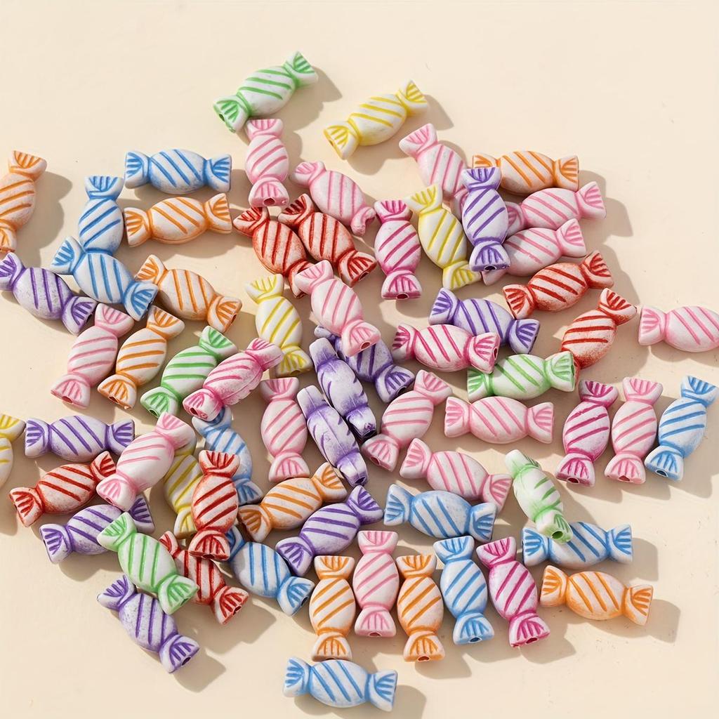 [Acrylic Candy Beads] 50 colorful acrylic candy beads - bright stripes and geometric patterns - suitable for DIY jewelry making,