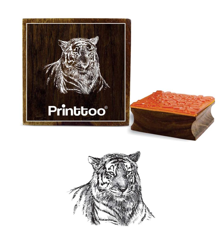 Printtoo Tiger Face Pattern Square Wooden Rubber Stamp Crafting Textile Stamps-2 x 2
