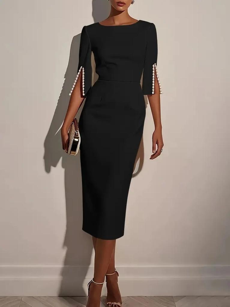 European and American New Solid Color Elegant Commuter Bead Slim Hip Dress Medium and Long Dress Women