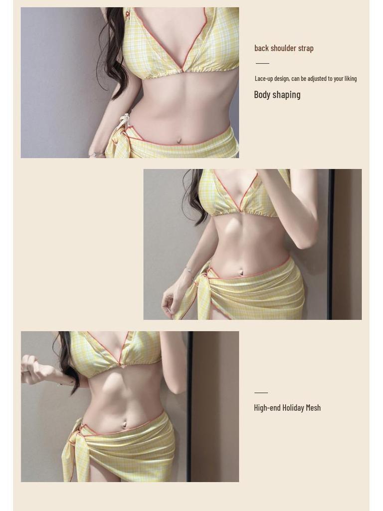 Vintage Bow Strappy Three-Piece Bikini Push-Up Swimsuit - Hot Girl Slim Fit for Small Bust