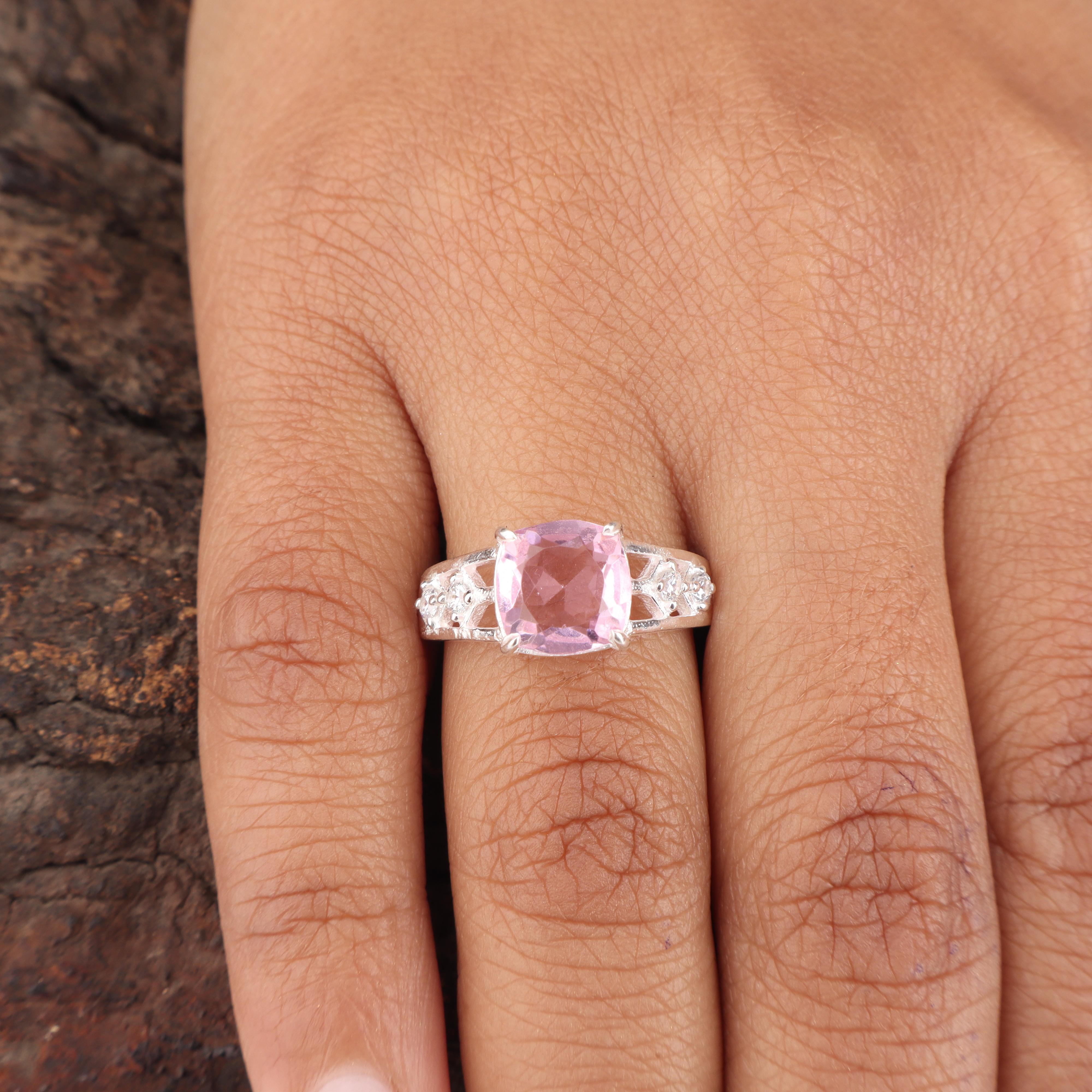 

Natural Morganite Gemstone Silver Ring, Women s Wedding Jewelry, 925 Sterling Silver Zircon Ring For Bride CZR-15-9 4