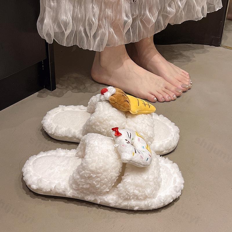 Fashion Cute Cartoon One Word Slippers Women's Autumn Winter Warm Non Slip Casual Plush Shoes Lightweight Comfortable Indoor Home Shoes