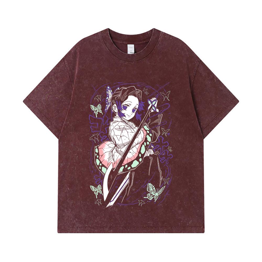 275 GSM Washed T-shirts 100% Cotton Demon Slayer V44 Shibobu Print Unisex Heavy Cotton T Shirt