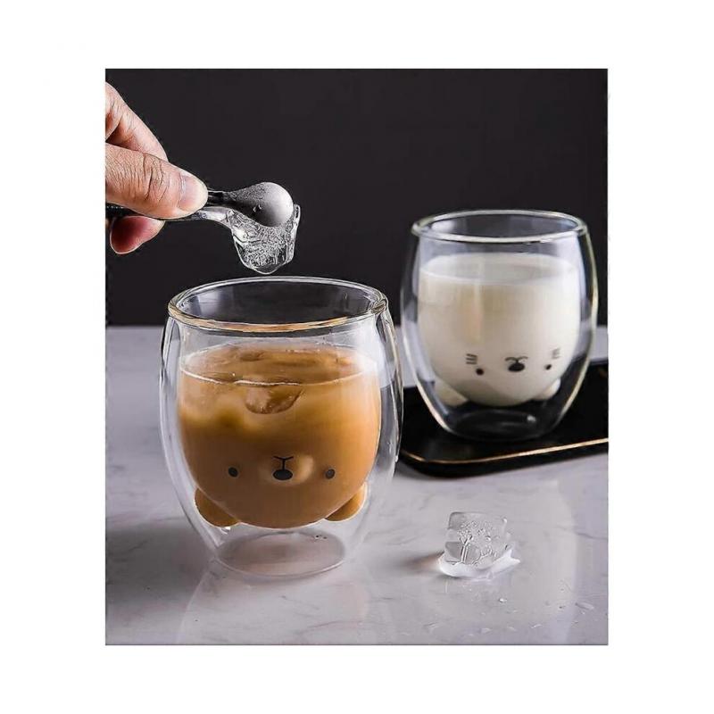 Bear Cup Cute Mugs for Women Glass Double Wall Insulated Glasses Espresso Cup, Coffee Cup, Tea Cup, Milk Cup, Best Gift for Women Birthday Christmas