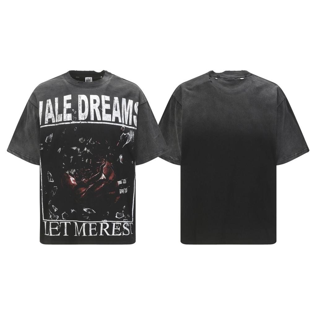2025 Amerikanische trendige Marke Vall gewaschen alt bedrucktes kurzärmeliges Hip-Hop lockeres Streetwear-T-Shirt für Männer und Frauen