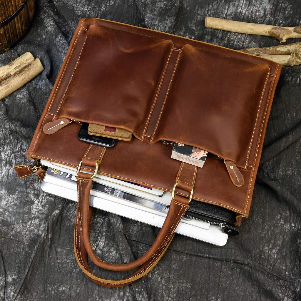 תיק עור אמיתי לעסקים Luufan, תיק טוטה לגברים, עור פרה רטרו, תיק עבודה דו-כיווני, אחסון למחשב נייד 14 אינץ', תיק כתף מעור