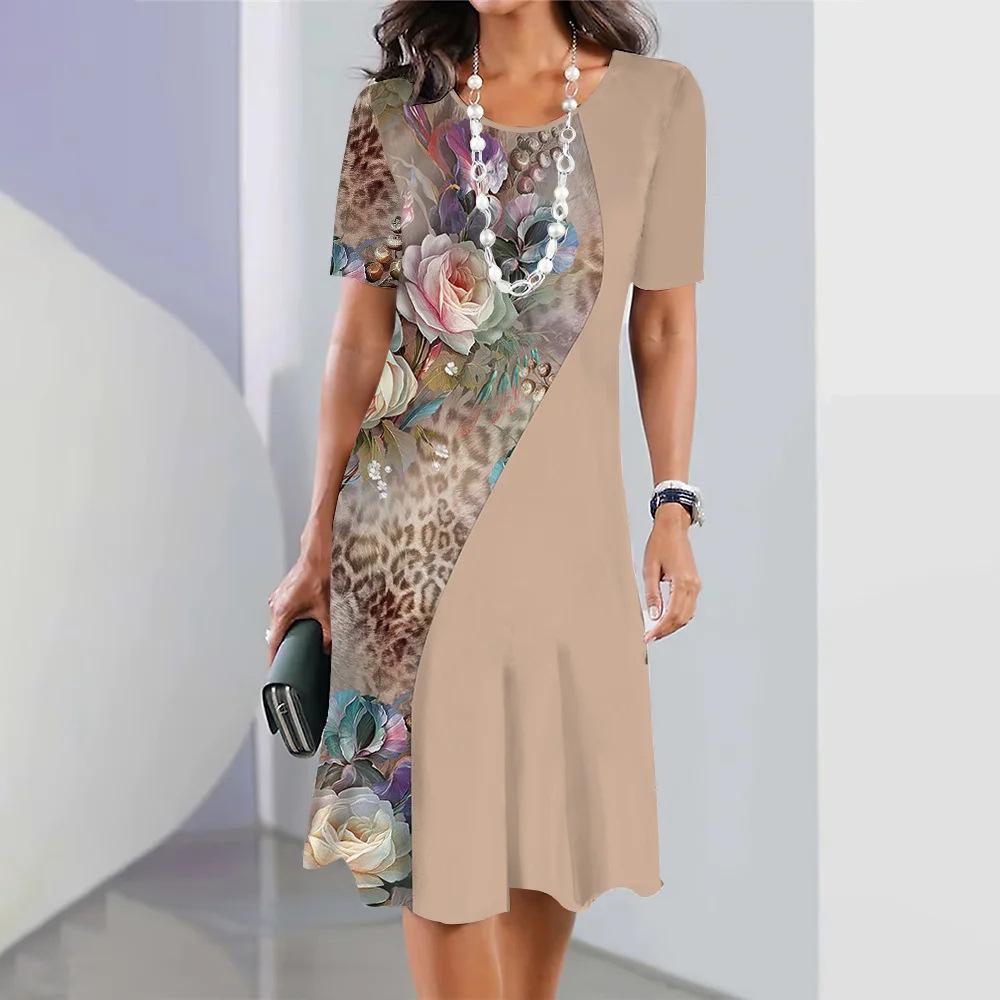 

Летнее женское круглое шея с коротким рукавом и принтом, модное свободное платье миди 3XL