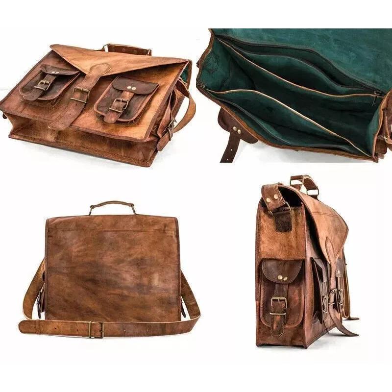 Messenger Shoulder Briefcase Laptop Bag Vintage Leather Men's Genuine Brown Goat