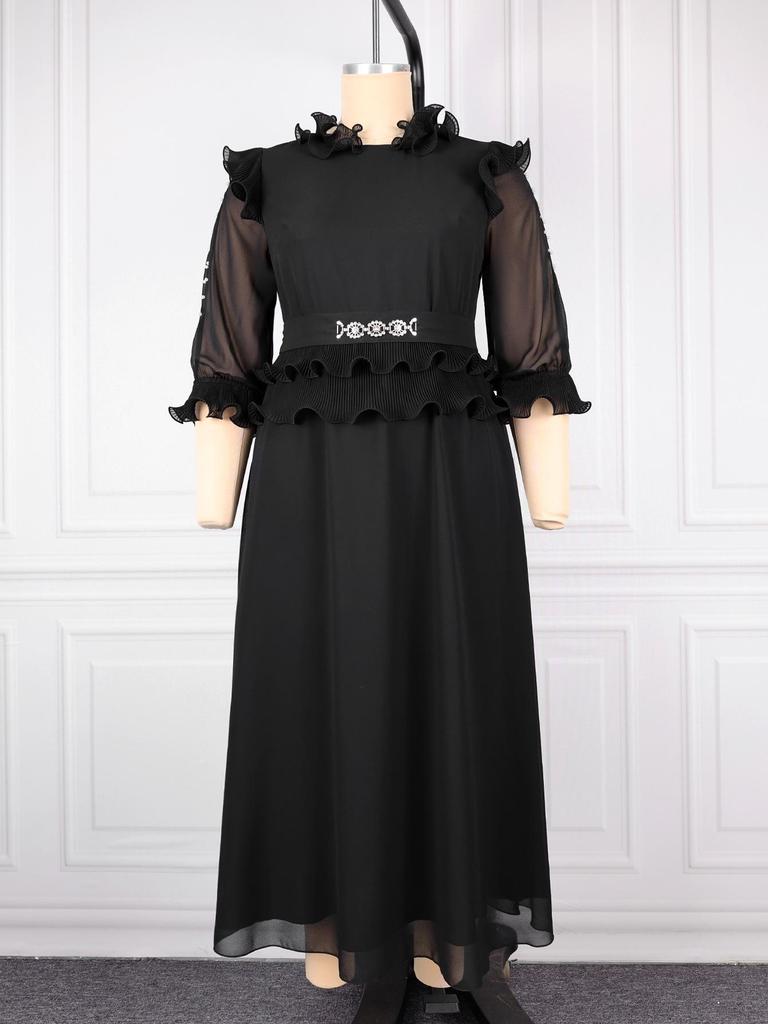 Plus Size Women's Black Evening Gown with Mesh Sleeves and Ruffled Waist