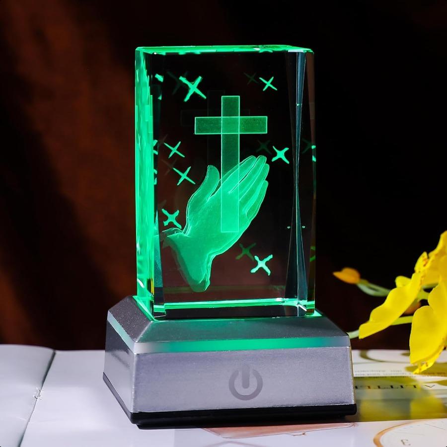 3D Crystal Praying Hands Christian Religious Gifts for Women Men Glass Laser Engrave Jesus Cross Figurine Cube Multicolor Led N