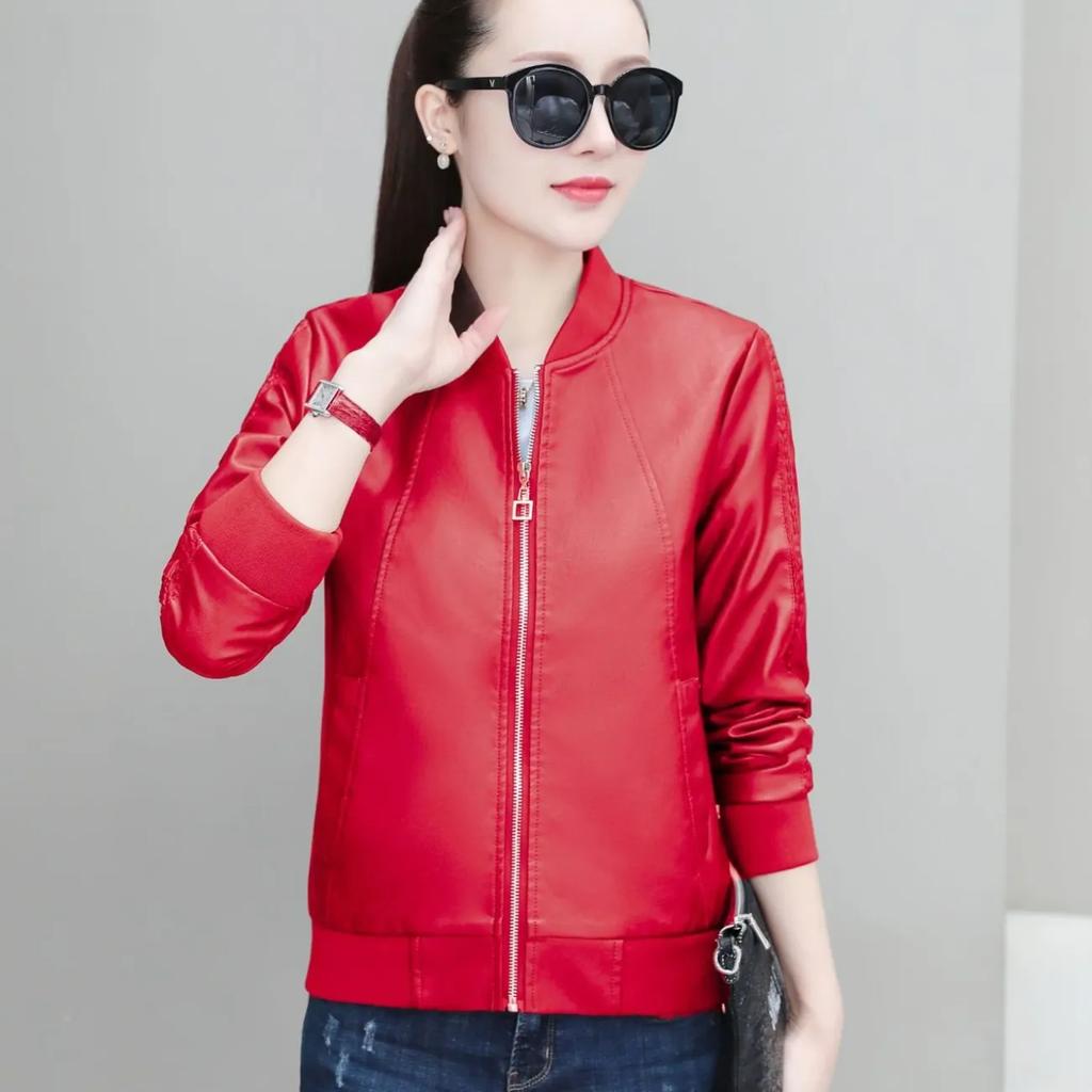 Women's Spring/Fall Loose-Fit Stand Collar Short Jacket Baseball-Style PU Leather Jacket
