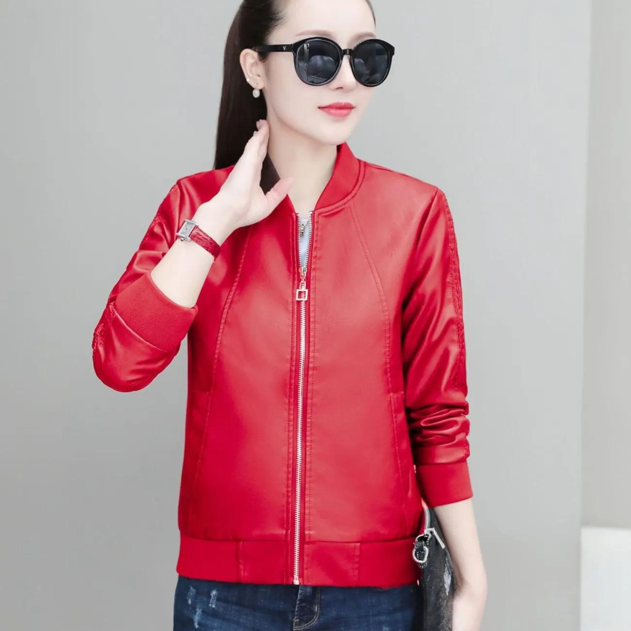 

Женская бейсбольная куртка свободного кроя со стойкой, короткой длины, однотонная, из ПУ кожи XS