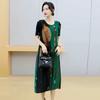 Women's Green and Black Striped Pleated Midi Dress Casual Loose Fit Printed Dress
