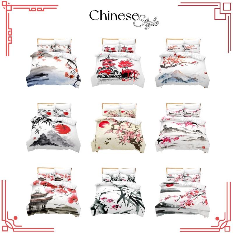 New Cross-border Chinese Style Ink Painting Digital Printing Flannel Bedding Set